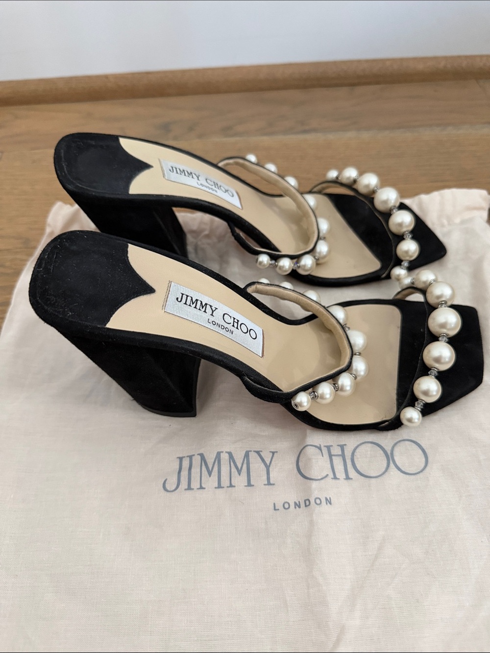 Jimmy Choo Amara 85 Black Suede Pearl-Trim Block Heel Sandals